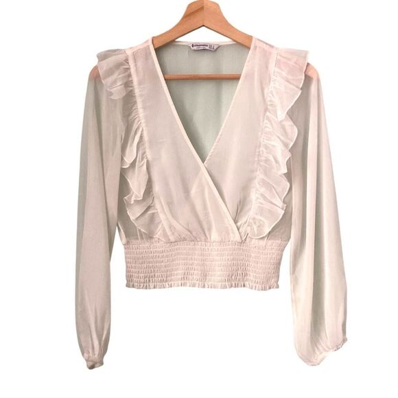 Stradivarius Boho White V-neck Ruffle Blouse Long Sleeve Crop Top in Size Medium - Picture 1 of 7